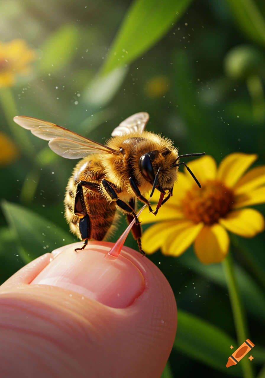 A close-up, photorealistic shot of a fuzzy bee stinging a human finger, with a yellow flower and green foliage in the blurry background.