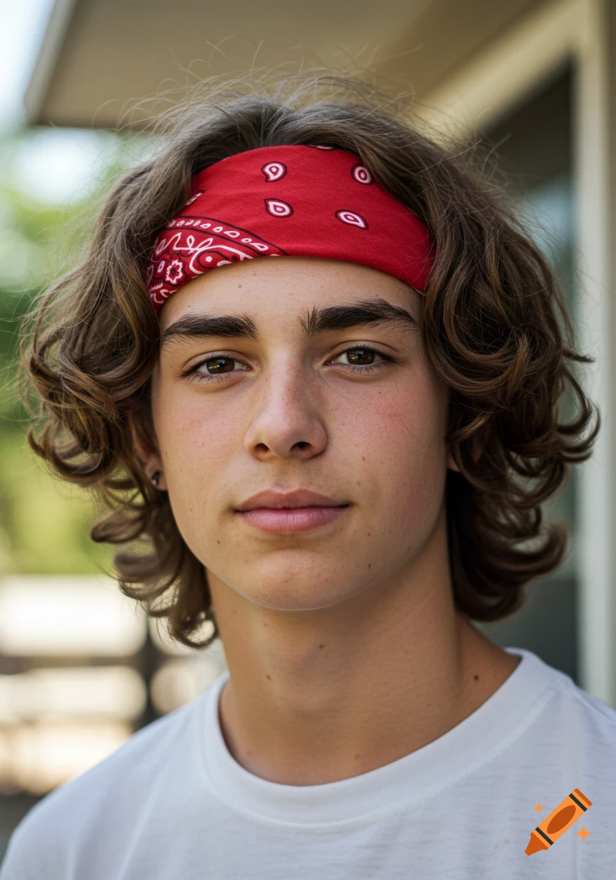 Close-up portrait of a young man with wavy brown hair wearing a red bandana.