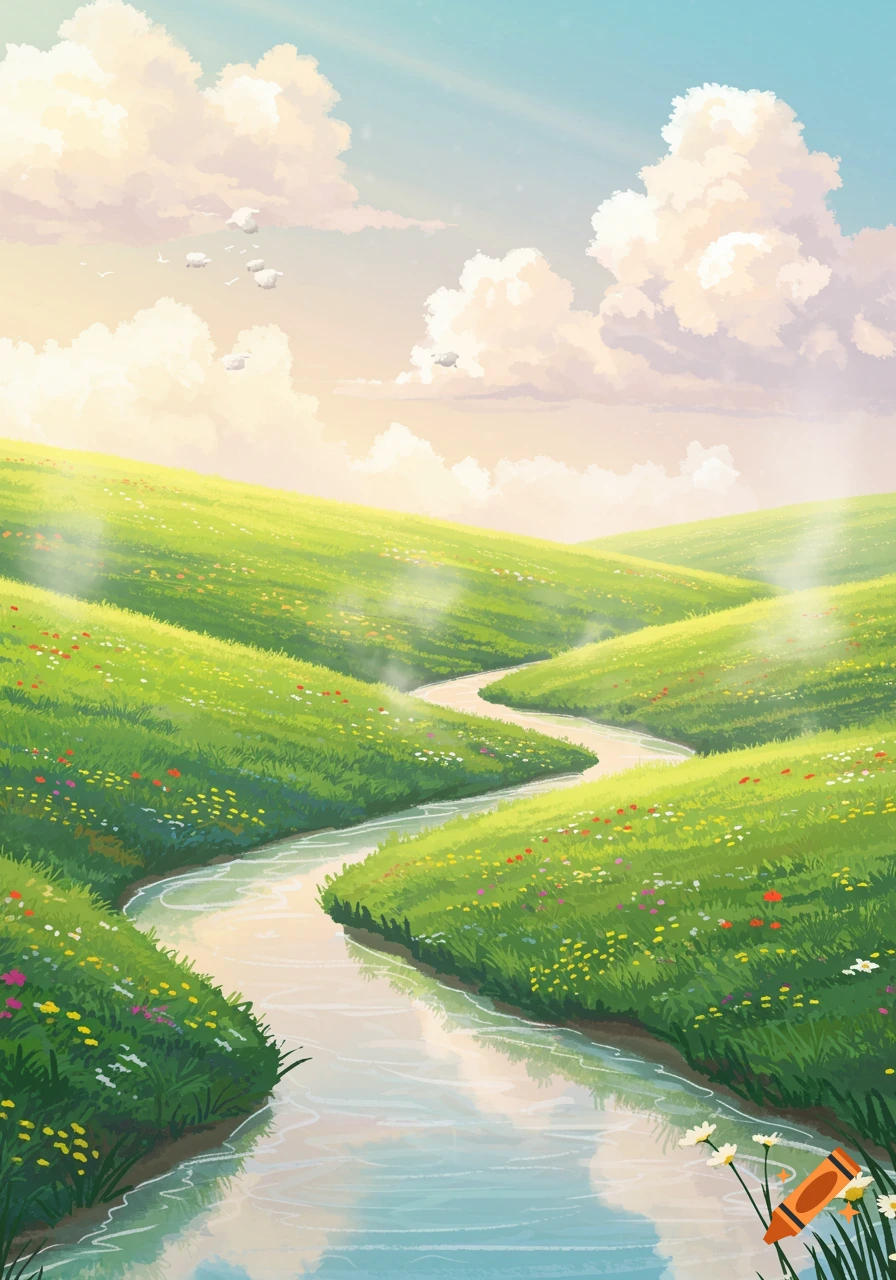 A stylized green hilly landscape with a winding river flowing through it, under a bright sky with fluffy clouds.