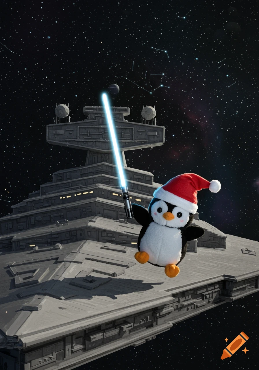 A cute stuffed penguin wearing a Santa hat holds a lightsaber while floating in space near a large Star Destroyer spaceship.