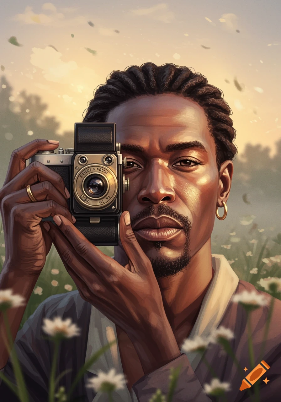 A close-up digital painting of a man with dark skin and braided hair holding an old-fashioned camera to his face, looking directly forward, with a soft, warm background of fields.
