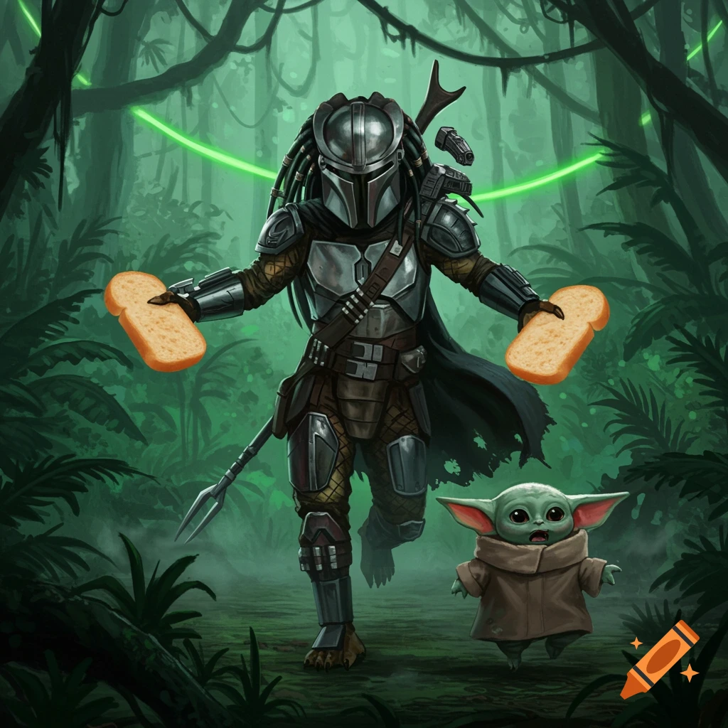 A Predator in Mandalorian armor holds bread while chasing Grogu through a vibrant green jungle with a laser line.