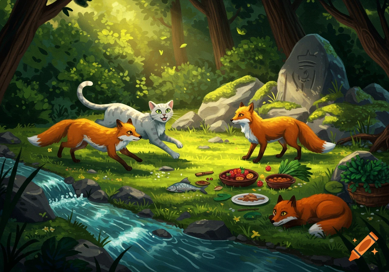 An illustration of a cat and three foxes in a sunny forest clearing with a stream, food, and rocks.
