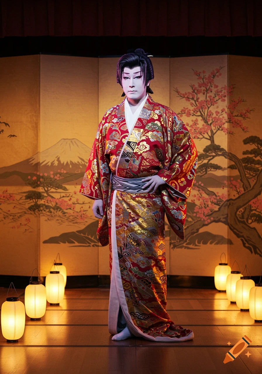 A Kabuki actor in a red and gold kimono with white makeup stands on a stage with lanterns and a painted screen.