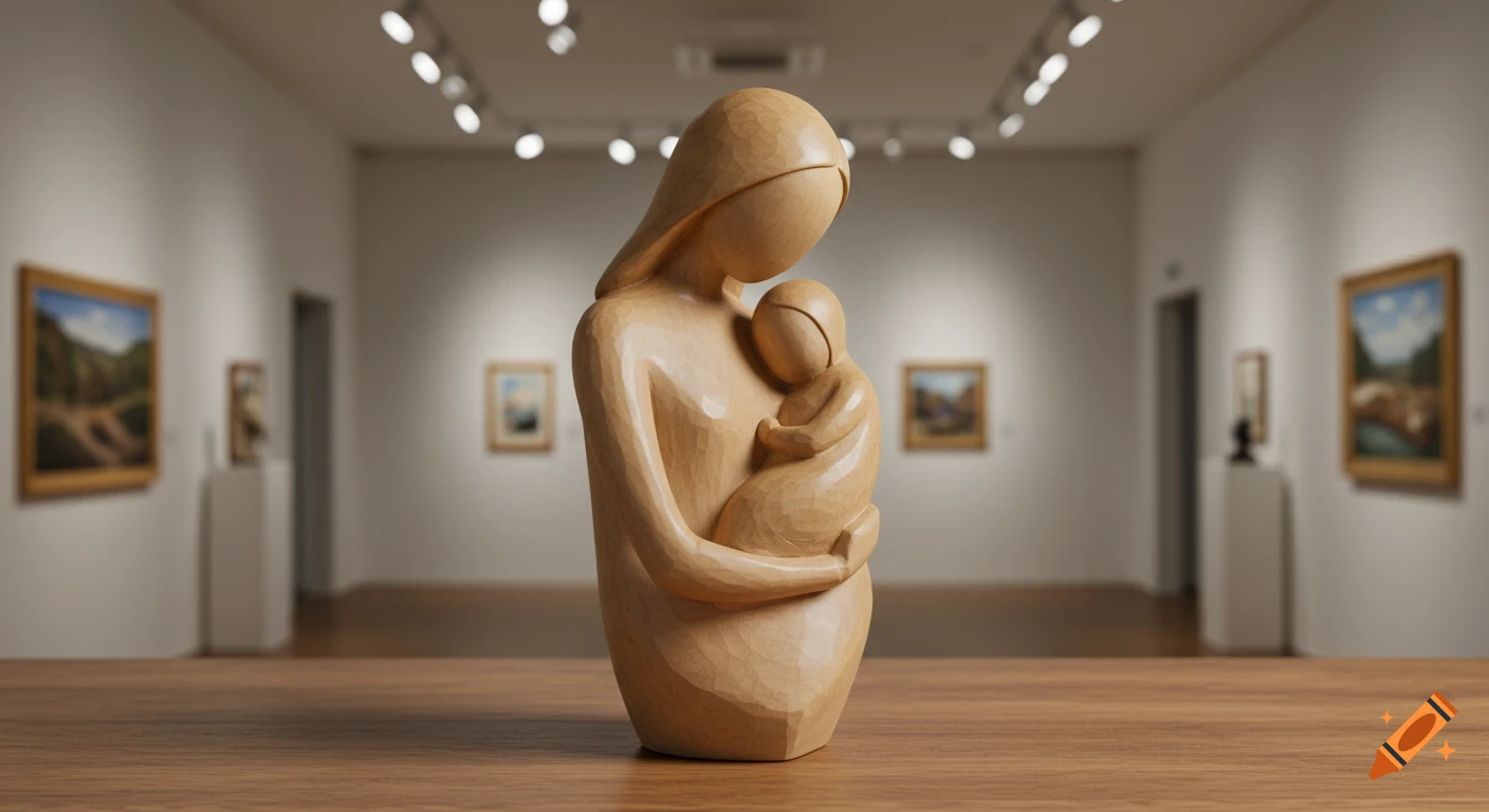 A hand-carved wooden sculpture of a mother holding a baby, displayed on a wooden surface in an art gallery.