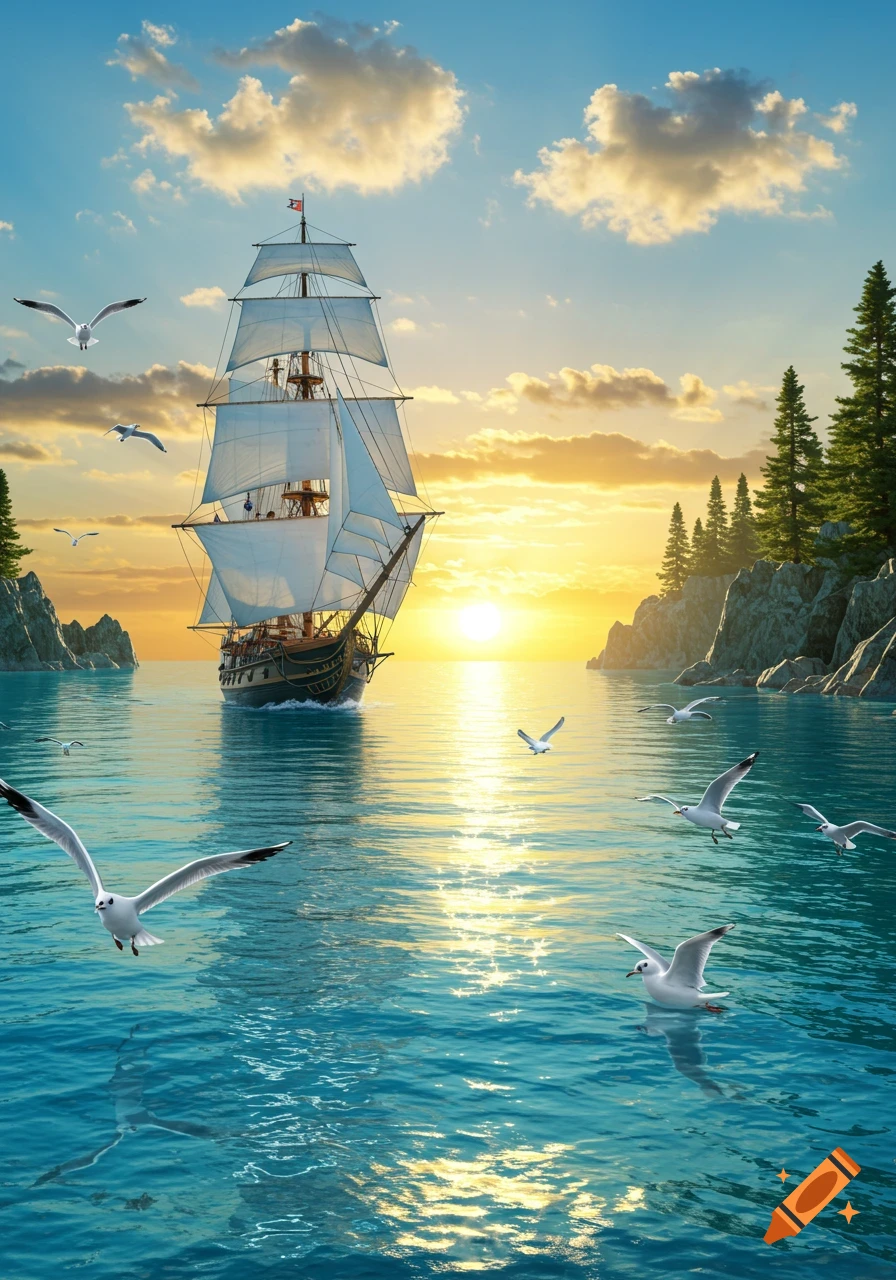 A majestic sailing ship cruises on tranquil waters at sunset, with seagulls flying around rocky islands and pine trees.