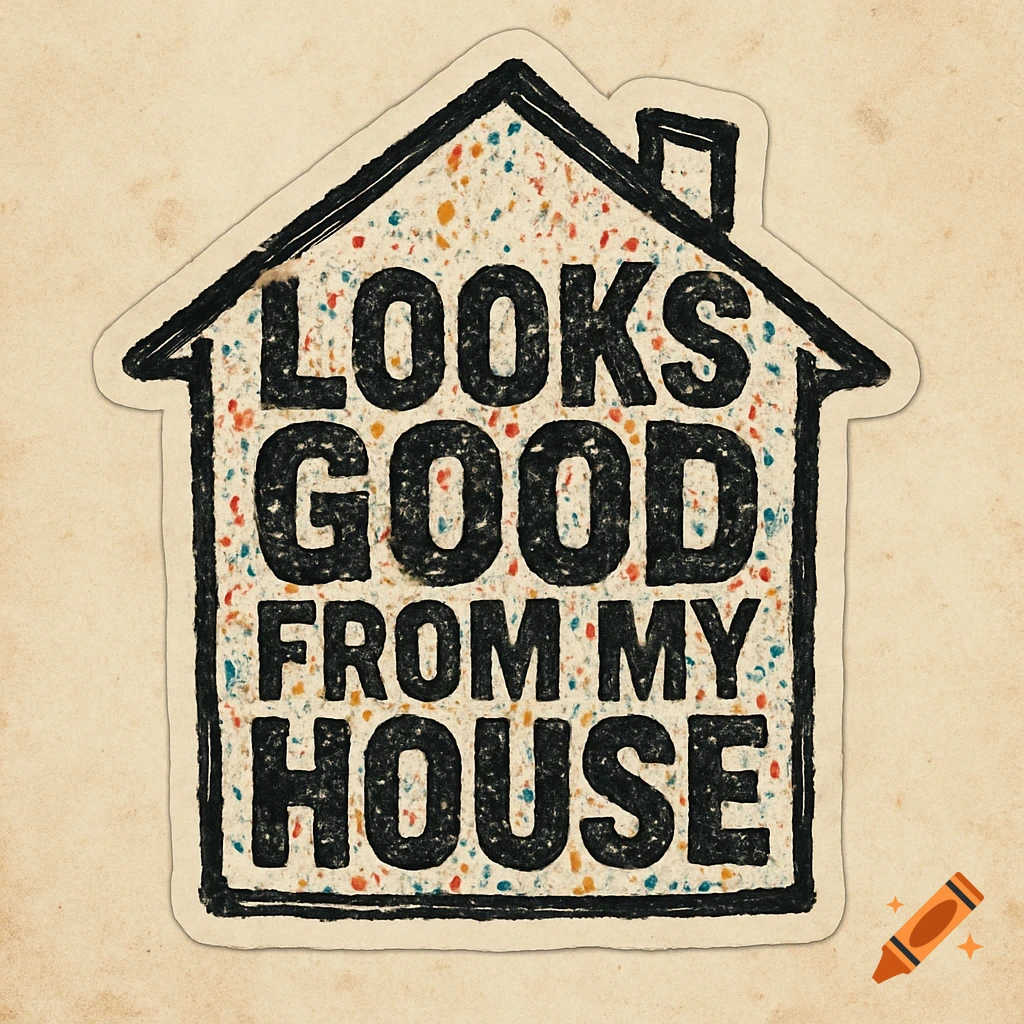 Sticker in the shape of a crooked house outline with distressed text 'LOOKS GOOD FROM MY HOUSE' on a speckled background.