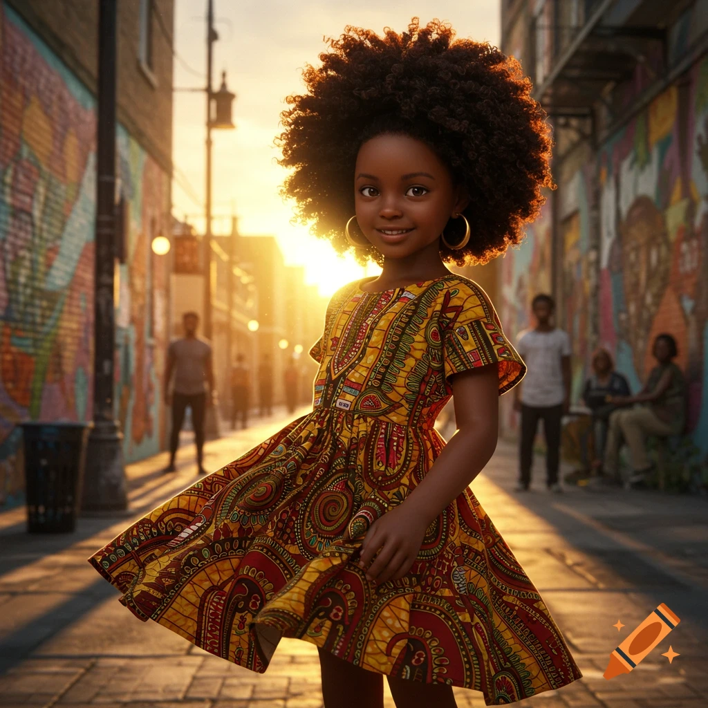 A young Black girl in a vibrant patterned dress with a voluminous afro smiles in a sunlit urban alley with murals.
