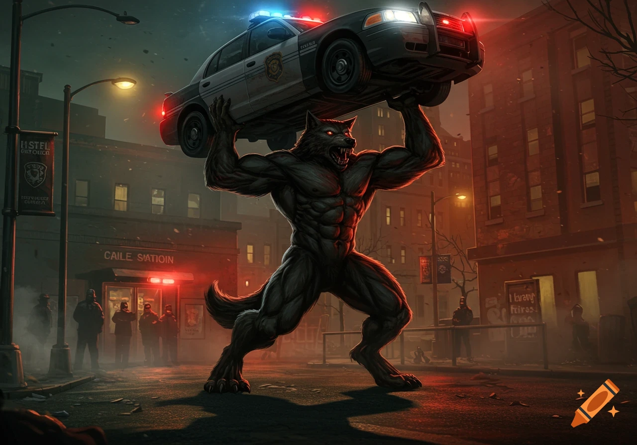 A muscular werewolf lifts a police car overhead in front of a police station at night, with flashing red and blue lights. Detailed digital art.