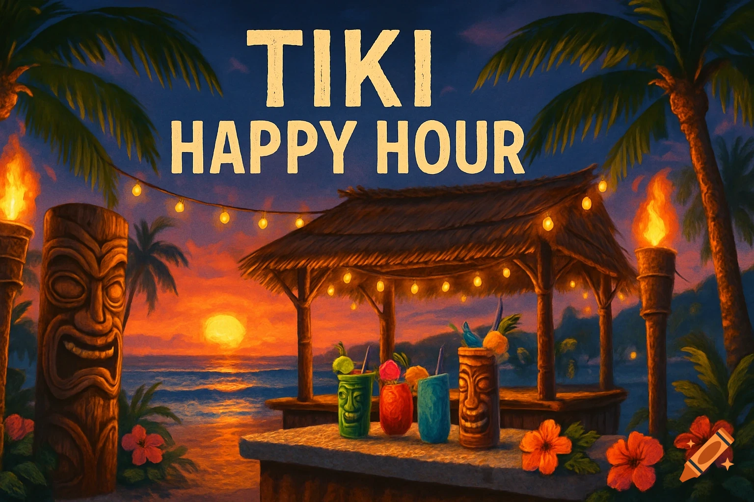 Illustrated tropical beach scene at sunset with a tiki bar, drinks, tiki torches, and palm trees, with 'TIKI HAPPY HOUR' text.