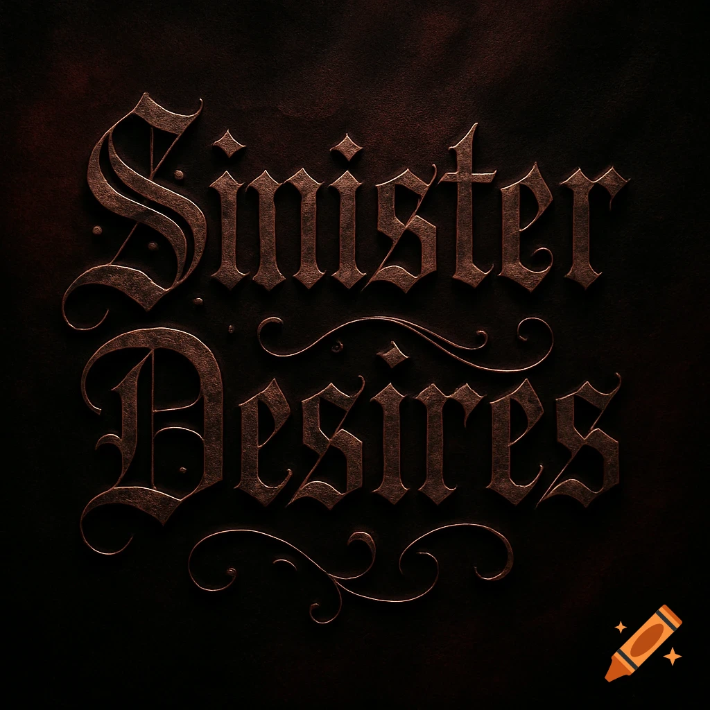 Gothic text reading 'Sinister Desires' in a metallic copper or bronze finish on a dark, textured background.