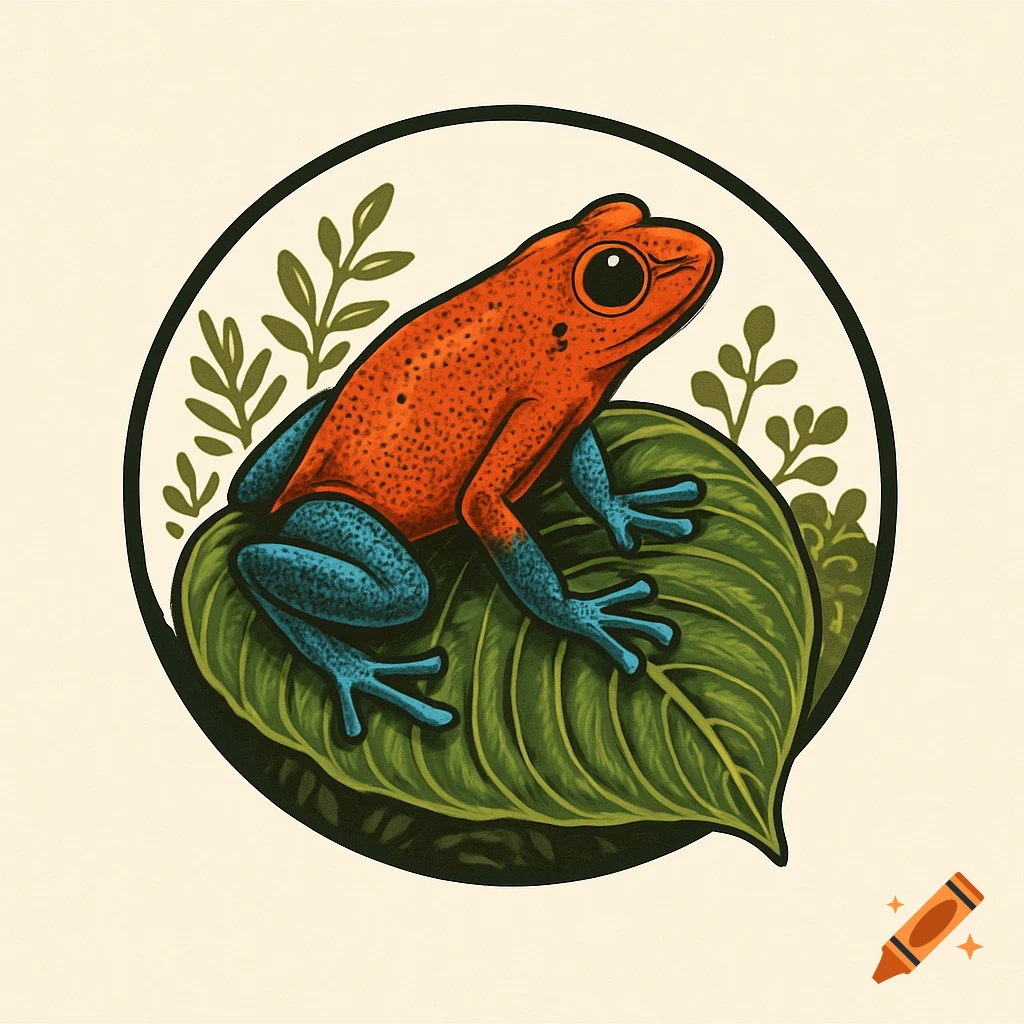 Stylized illustration of an orange and blue dart frog with black spots, perched on a large green leaf, framed by a black circle with small green plants in the background.