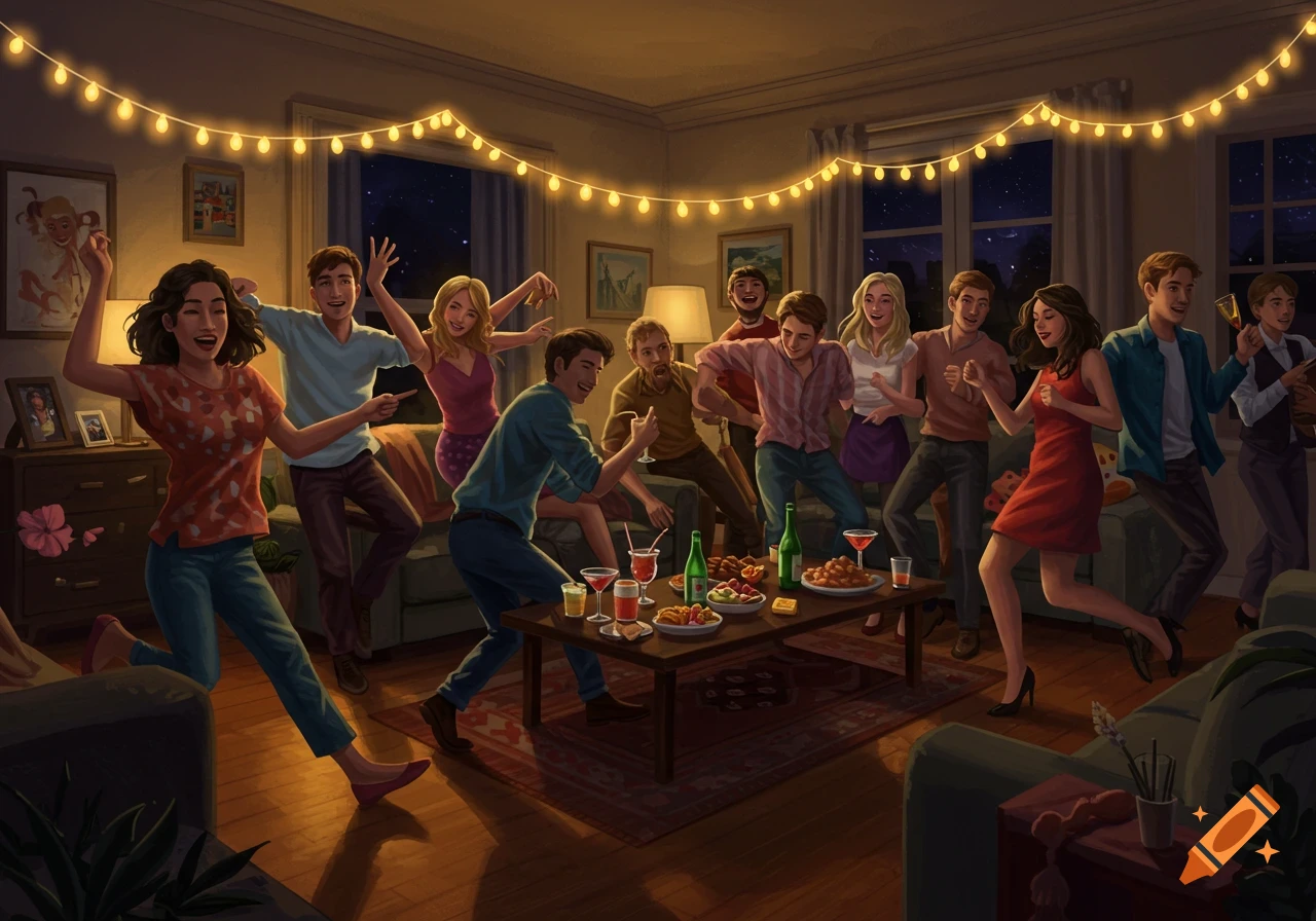 A group of young adults dance and socialize at a lively house party, illuminated by string lights.