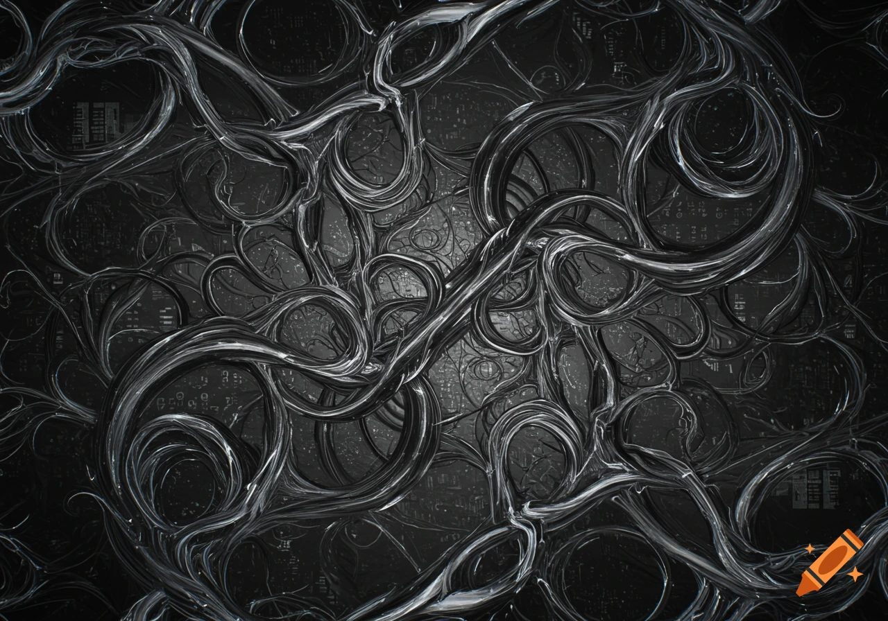 Dark, intricate abstract pattern of intertwining glossy black and white cyber-vines with subtle circuit details.