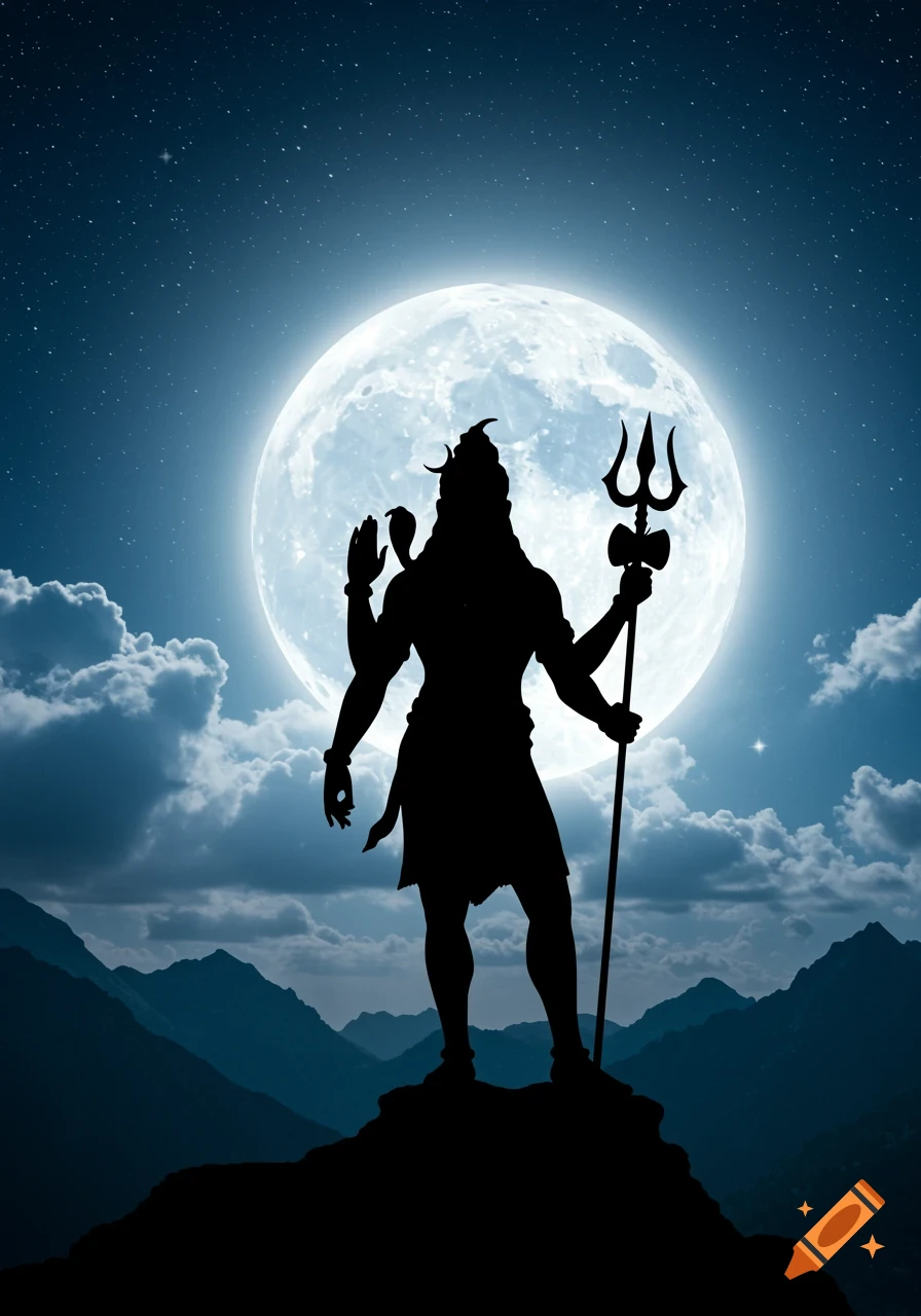 Silhouette of Shiva holding a trident with one hand raised, standing on a mountain under a large full moon and starry sky.