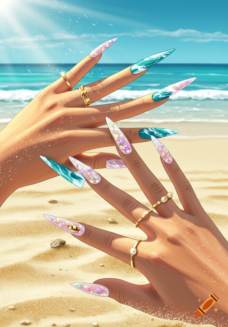 Close-up of two hands with long, decorative stiletto nails featuring ocean waves, seashells, and flowers, on a sunny beach with the ocean in the background.