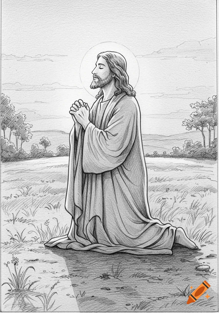 Pencil sketch of Jesus kneeling in prayer with a halo in an outdoor setting.