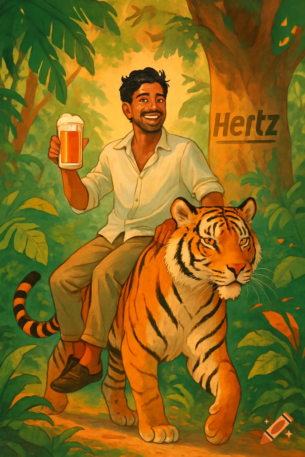 A smiling man riding a tiger in a vibrant jungle, holding a beer. The Hertz logo is on a tree in this painterly illustration.
