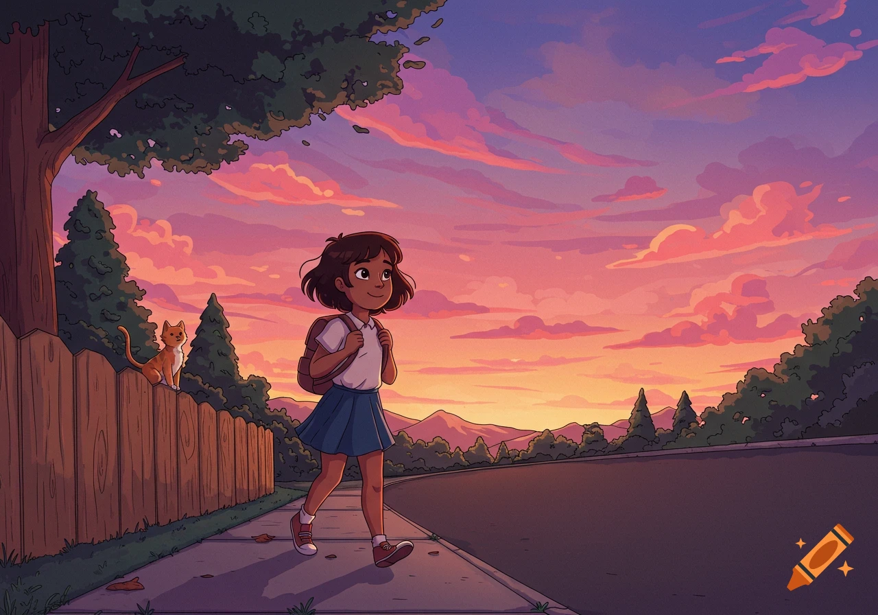 A 2D digital illustration of a young girl walking on a sidewalk at sunset with a cat on a fence nearby.
