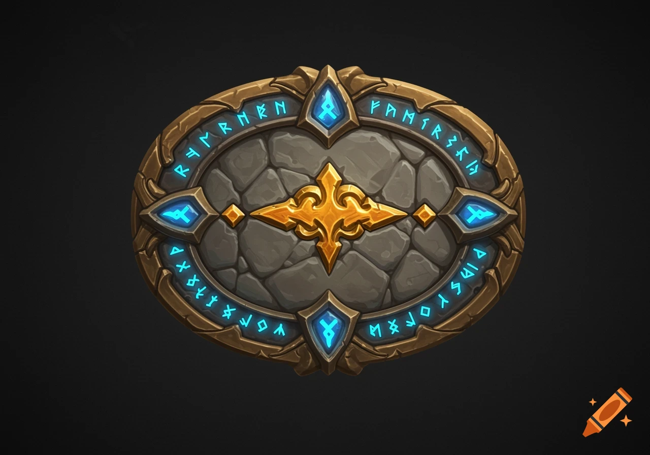 A gold and stone oval video game UI panel with a glowing central symbol and blue runic inscriptions.