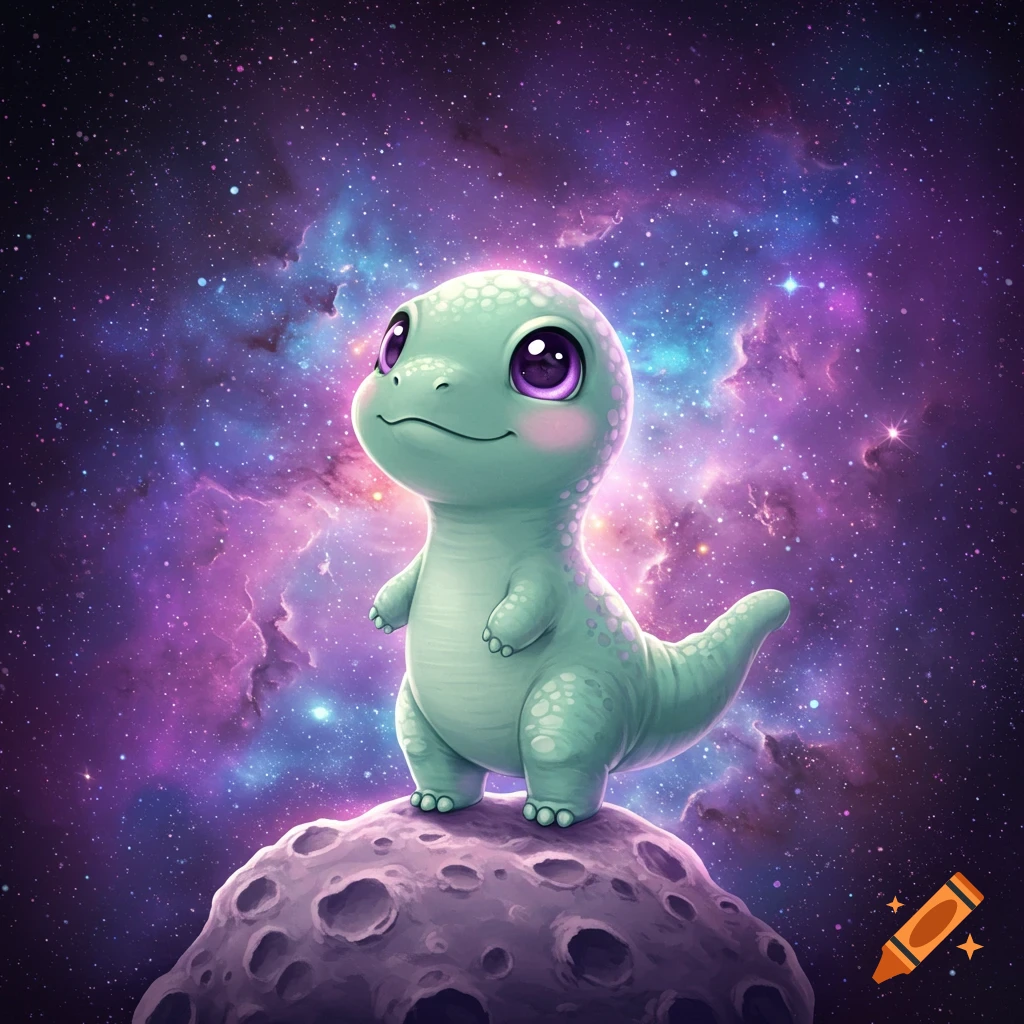 A cute, light green cartoon dinosaur with large purple eyes stands on a purple, cratered moon against a vibrant purple and blue galaxy background.
