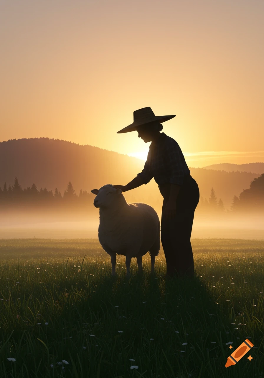 A silhouette of a farmer patting a sheep in a misty field at sunset.
