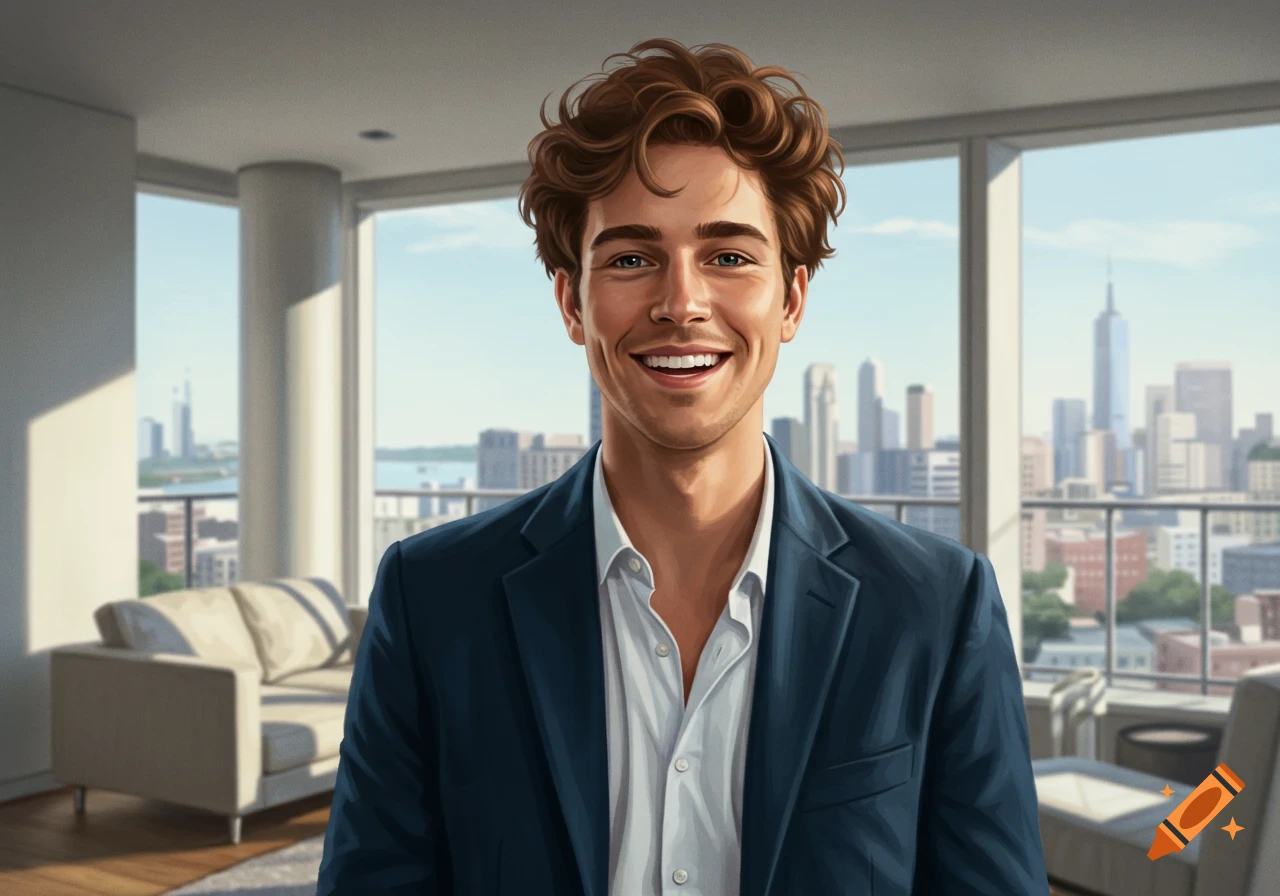 A smiling man with brown curly hair and a blue suit in a modern apartment overlooking a city skyline, digital painting.