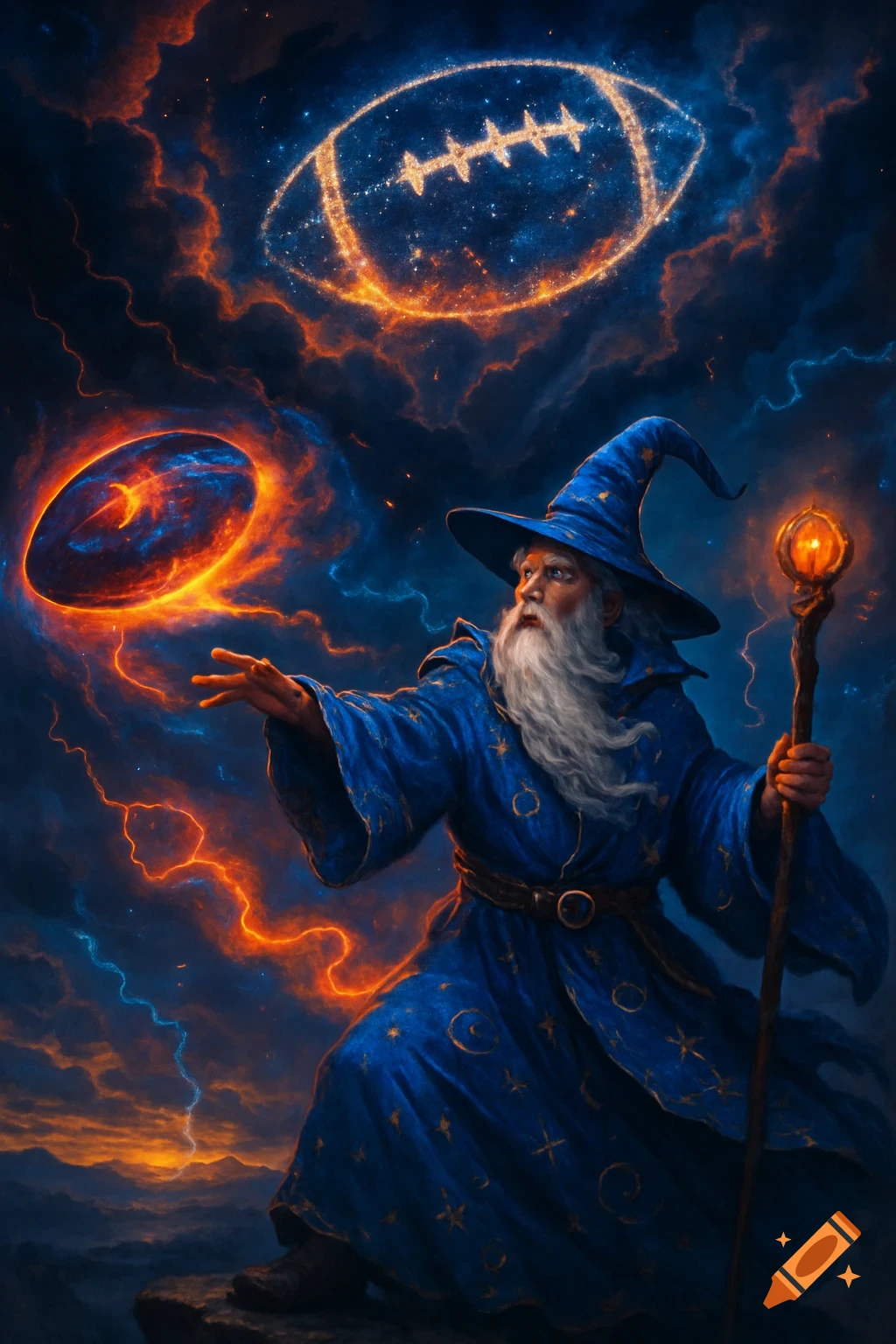 A wizard in blue robes casts a spell, conjuring glowing orange American footballs in a dark, cloudy sky with cosmic energy.