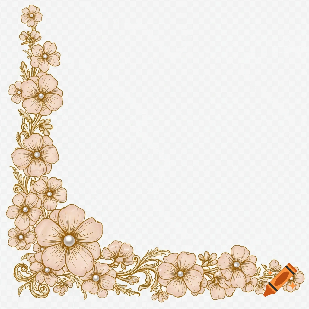 Elegant pale pink floral corner border with gold ornate leaves and pearls on a transparent background.
