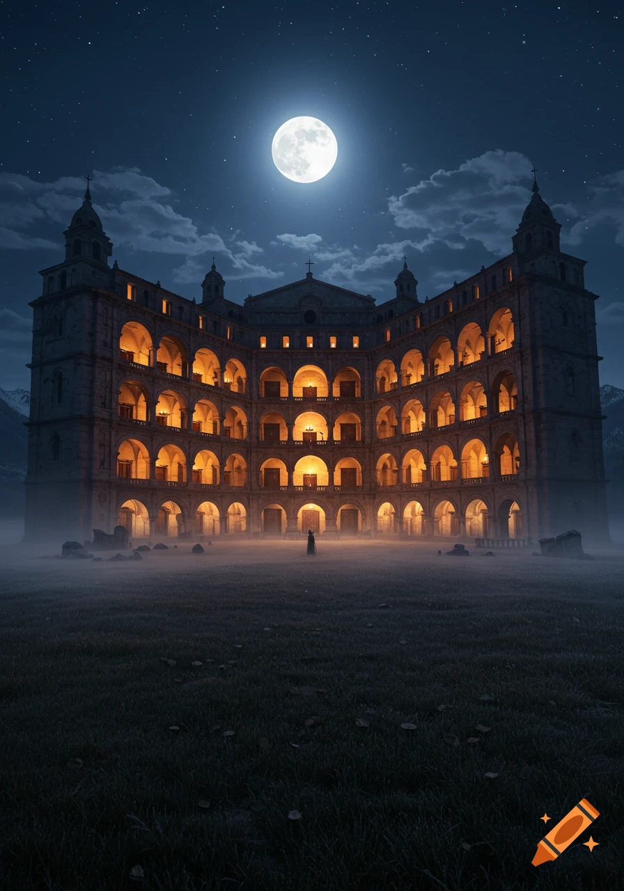 A grand Romanesque building with many illuminated arches under a full moon in a misty, grassy plain with a small figure.