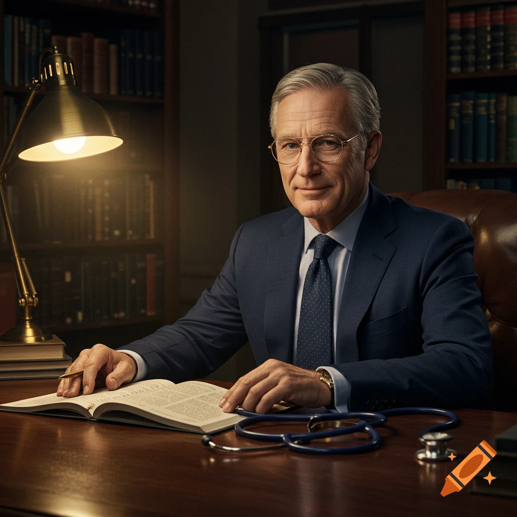 A photorealistic portrait of an older man in a suit, sitting at a desk with an open book and a stethoscope, in a dimly lit library.