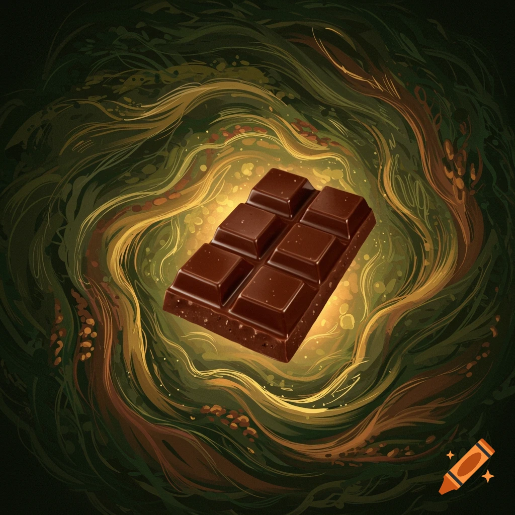 A rectangular chocolate bar floating in the center of a swirling, organic background with green, gold, and brown colors.