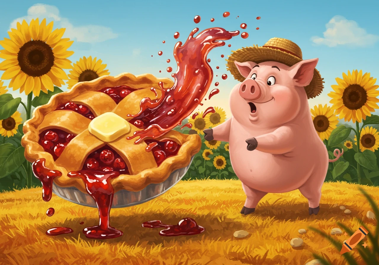 A surprised cartoon pig wearing a straw hat stands in a sunflower field as a cherry pie dramatically spills its filling.