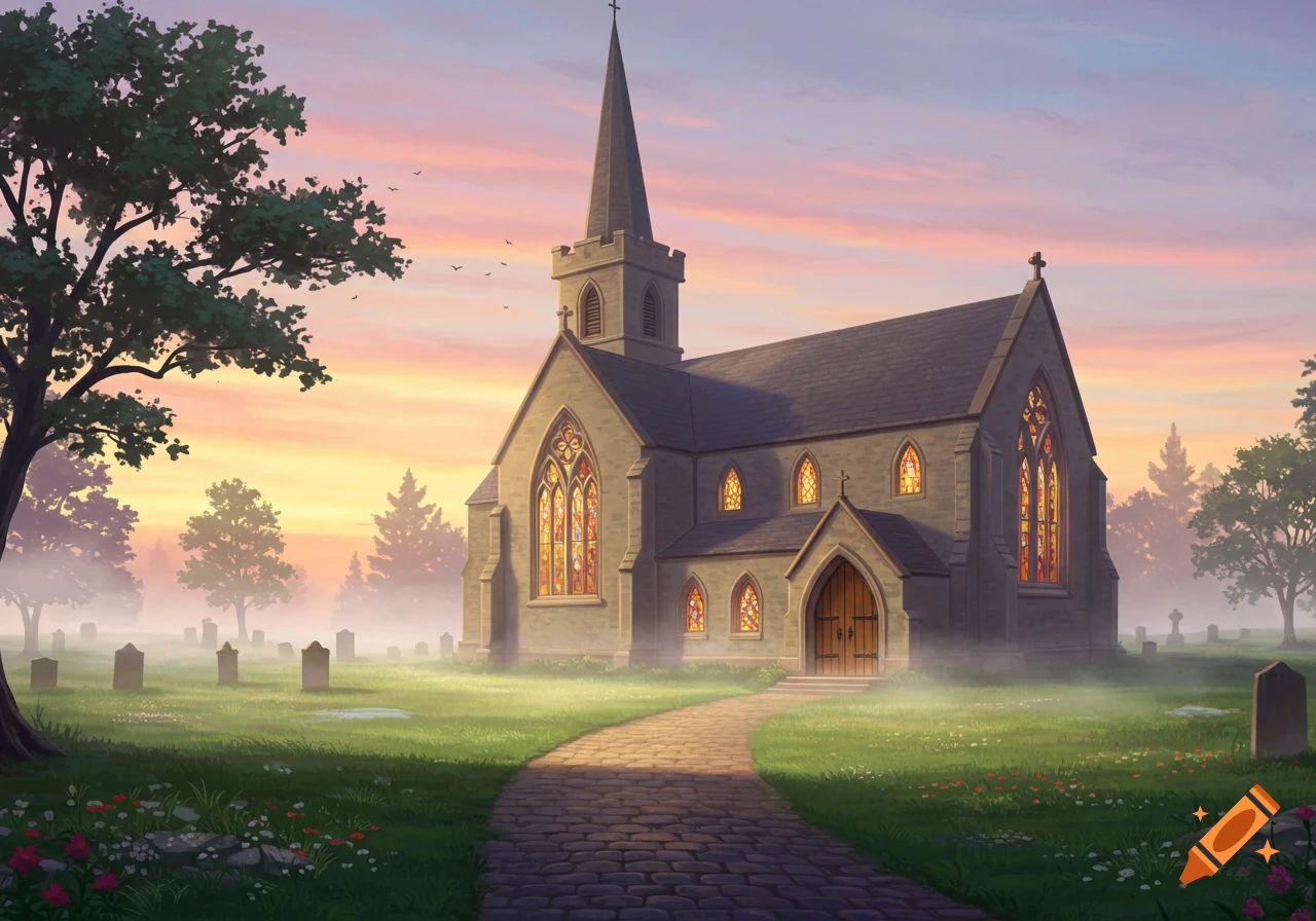 Illustrated Episcopal church and cemetery at sunrise with a stone path. Misty landscape and colorful sky.