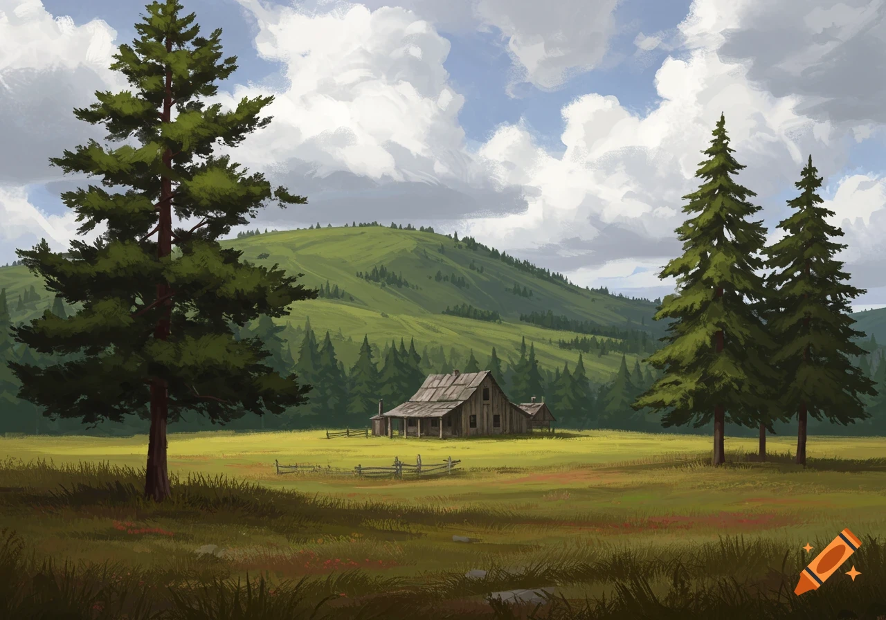 A vibrant digital painting of an old wooden house in a green meadow, flanked by tall pine trees, with a large hill and cloudy sky in the background.