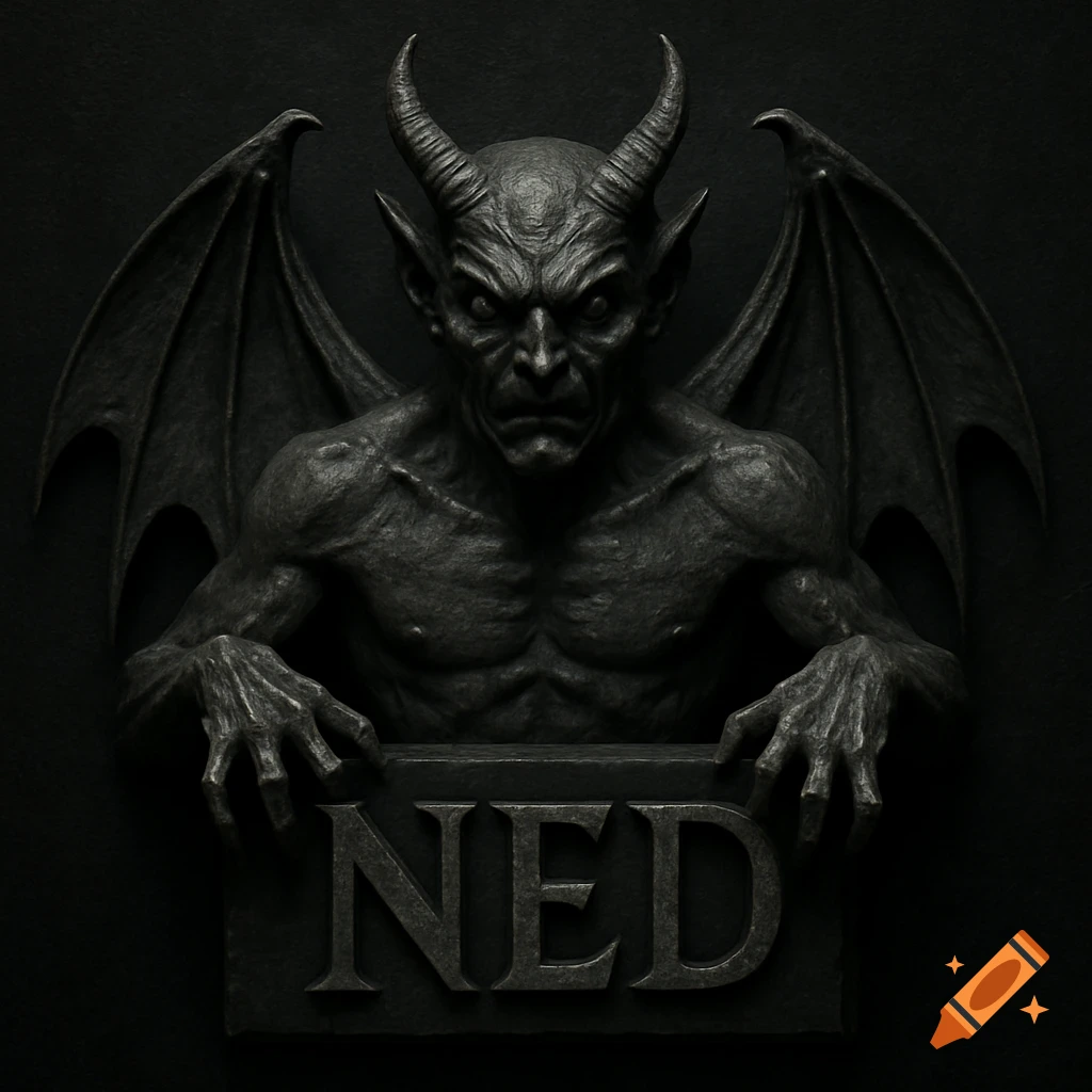 A highly detailed, dark grey stone gargoyle with large wings and horns, holding a plaque with the name 'NED' carved into it.