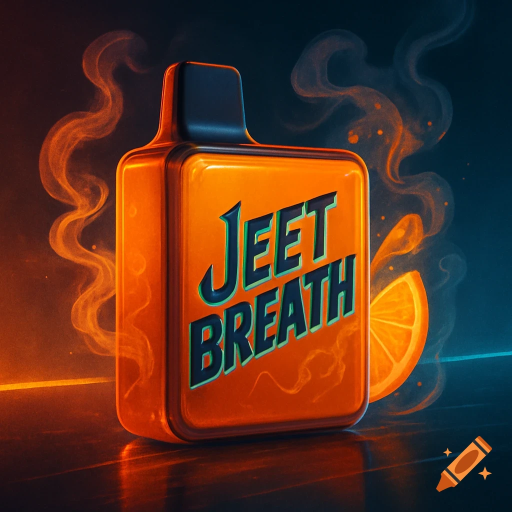 An orange square vape device with 'Jeet Breath' on it, next to a sliced orange, emitting smoke on a dark, glowing surface.