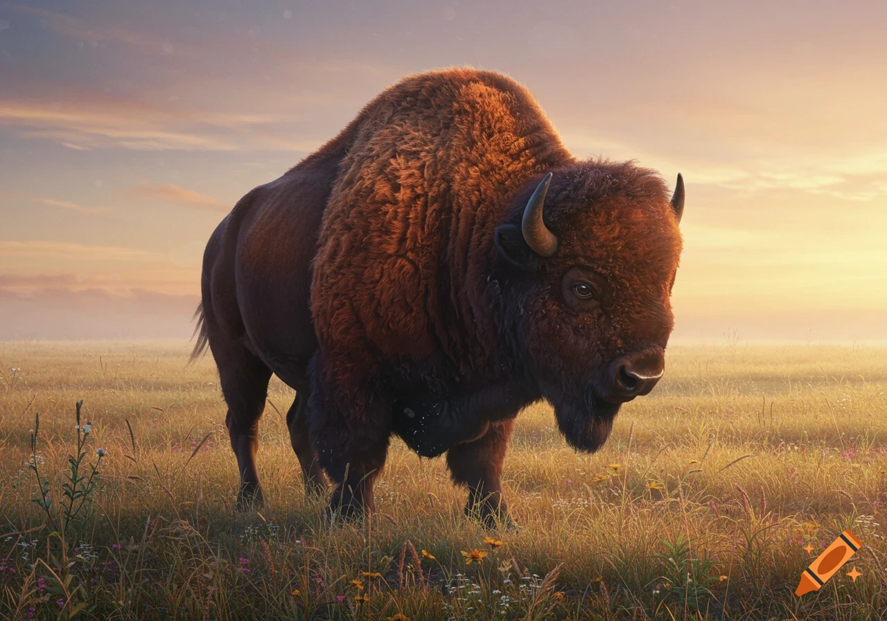 A photorealistic image of a large brown bison standing in a golden, sunlit grassy field at sunrise.