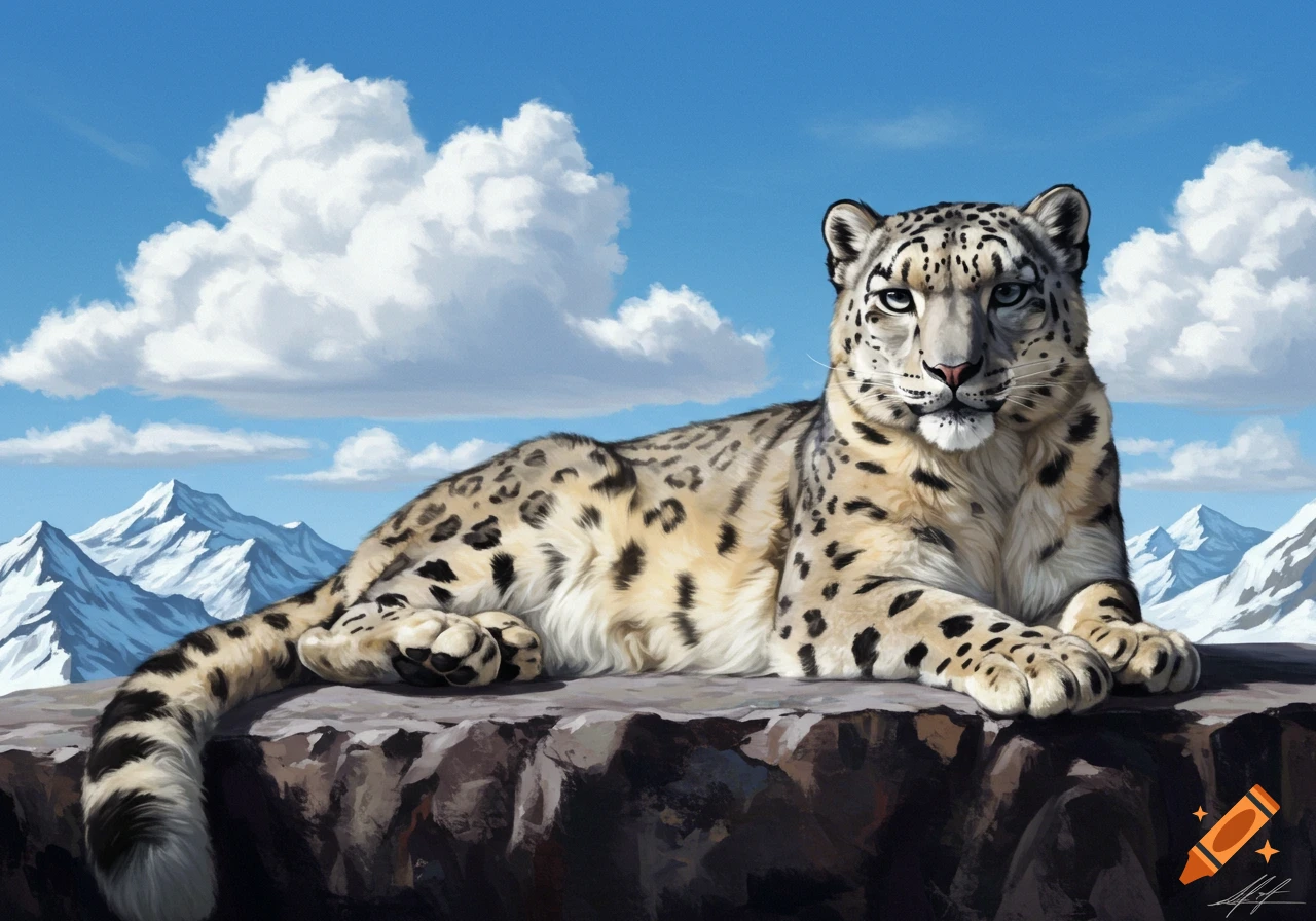 Digital painting of a snow leopard lying on a rocky ledge with snow-capped mountains and a blue sky in the background.