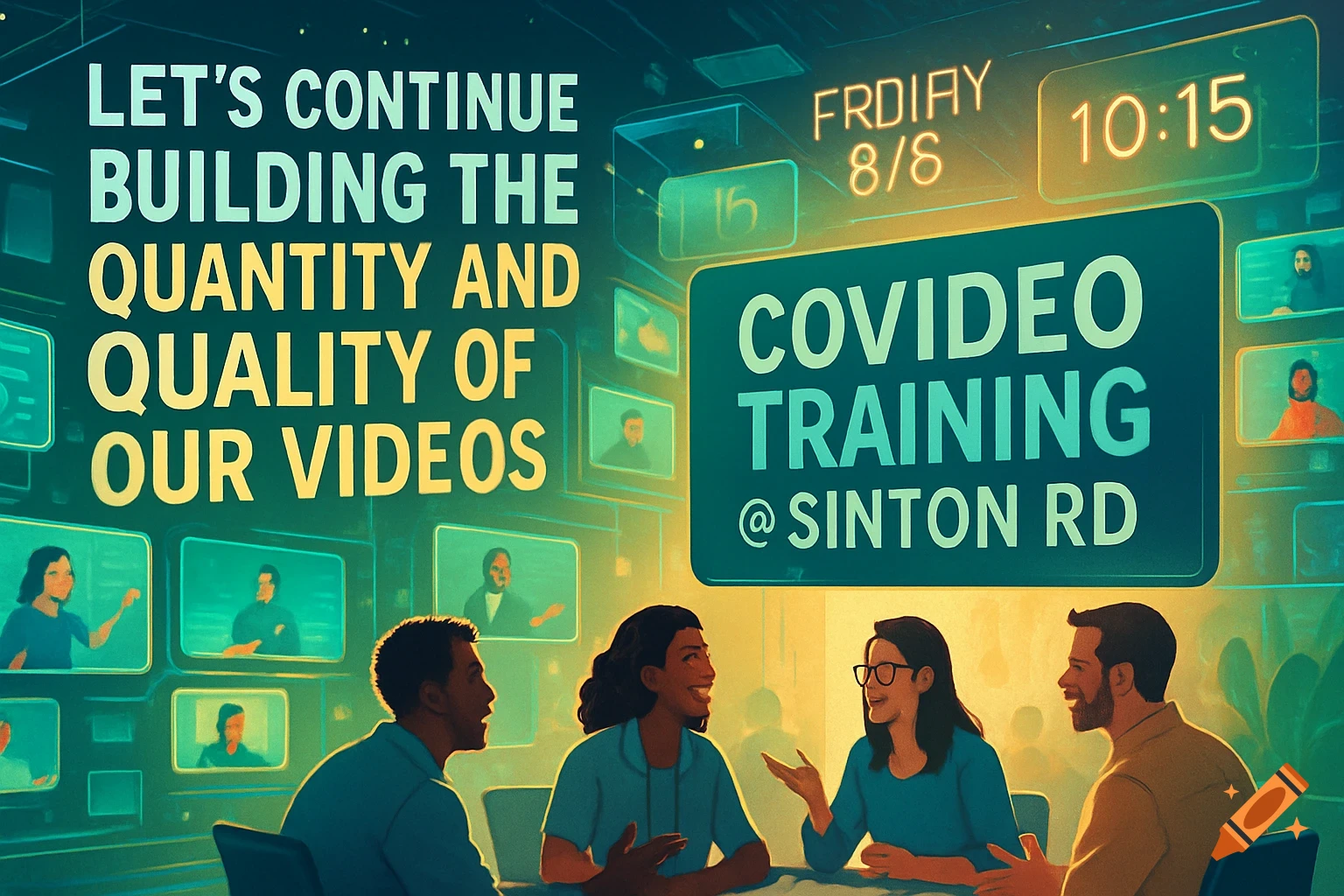 Four diverse people sit at a table, looking at and discussing large digital screens displaying text about video quality and a "COVIDEO TRAINING" event.