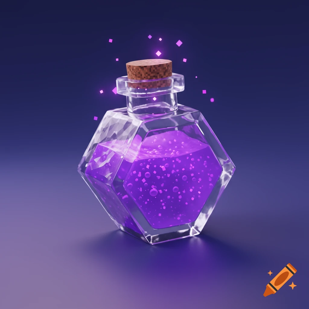 A faceted glass potion bottle filled with glowing purple liquid and bubbles, emitting purple particles, with a blocky cork, on a dark purple background.