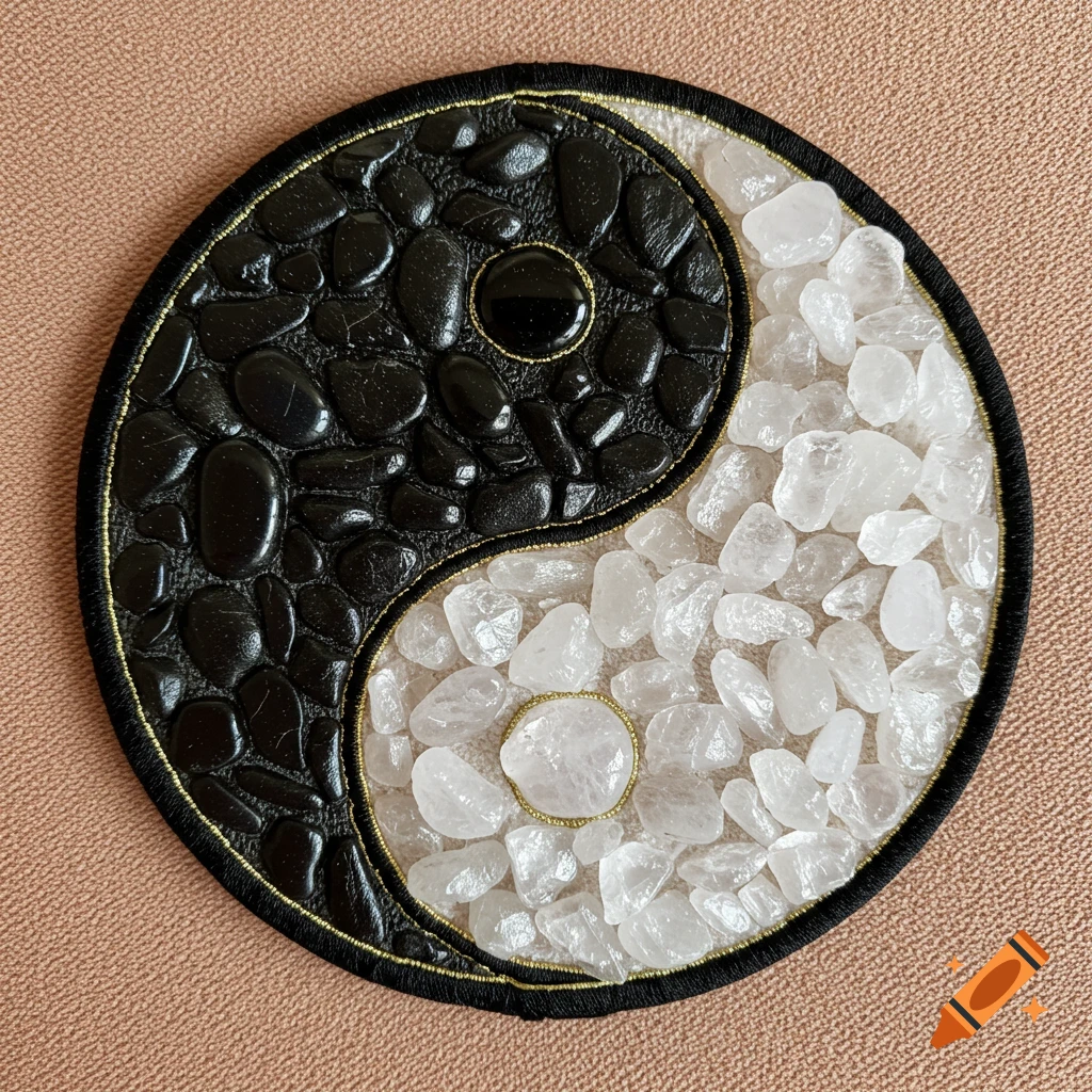 A circular embroidered Yin-Yang patch, with one half made of black pebbles and the other of clear quartz crystals.