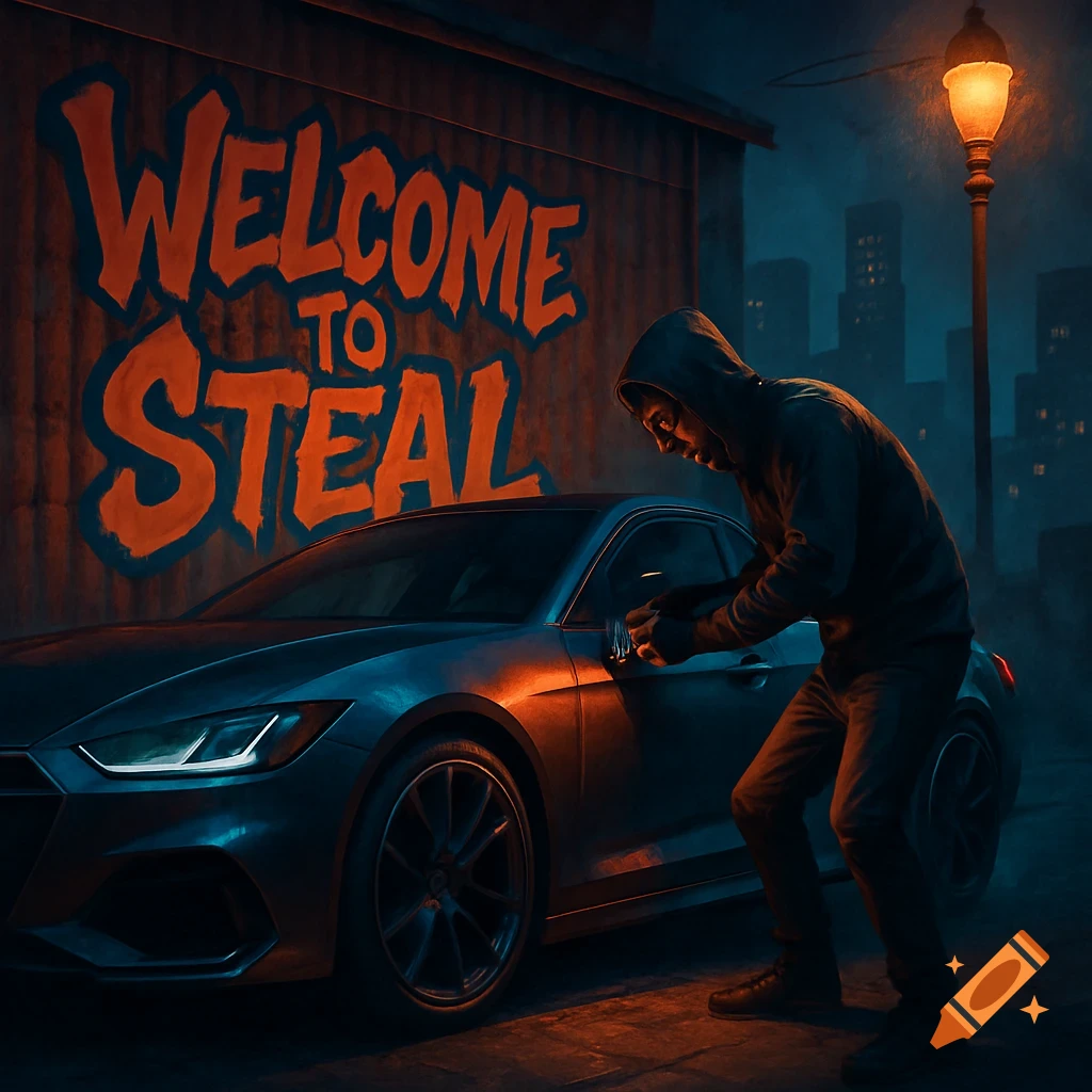 A hooded figure attempts to break into a car on a dark, rainy city street, with bold red graffiti reading 'WELCOME TO STEAL' on the wall.