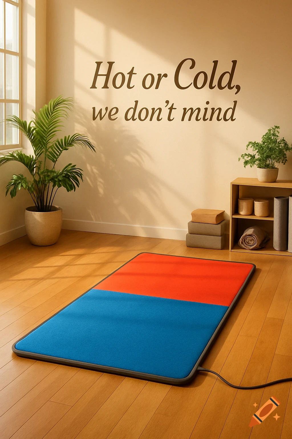 A modern yoga room with a red and blue two-tone mat on a wooden floor, next to a window and plants. Text on the wall reads "Hot or Cold, we don't mind."