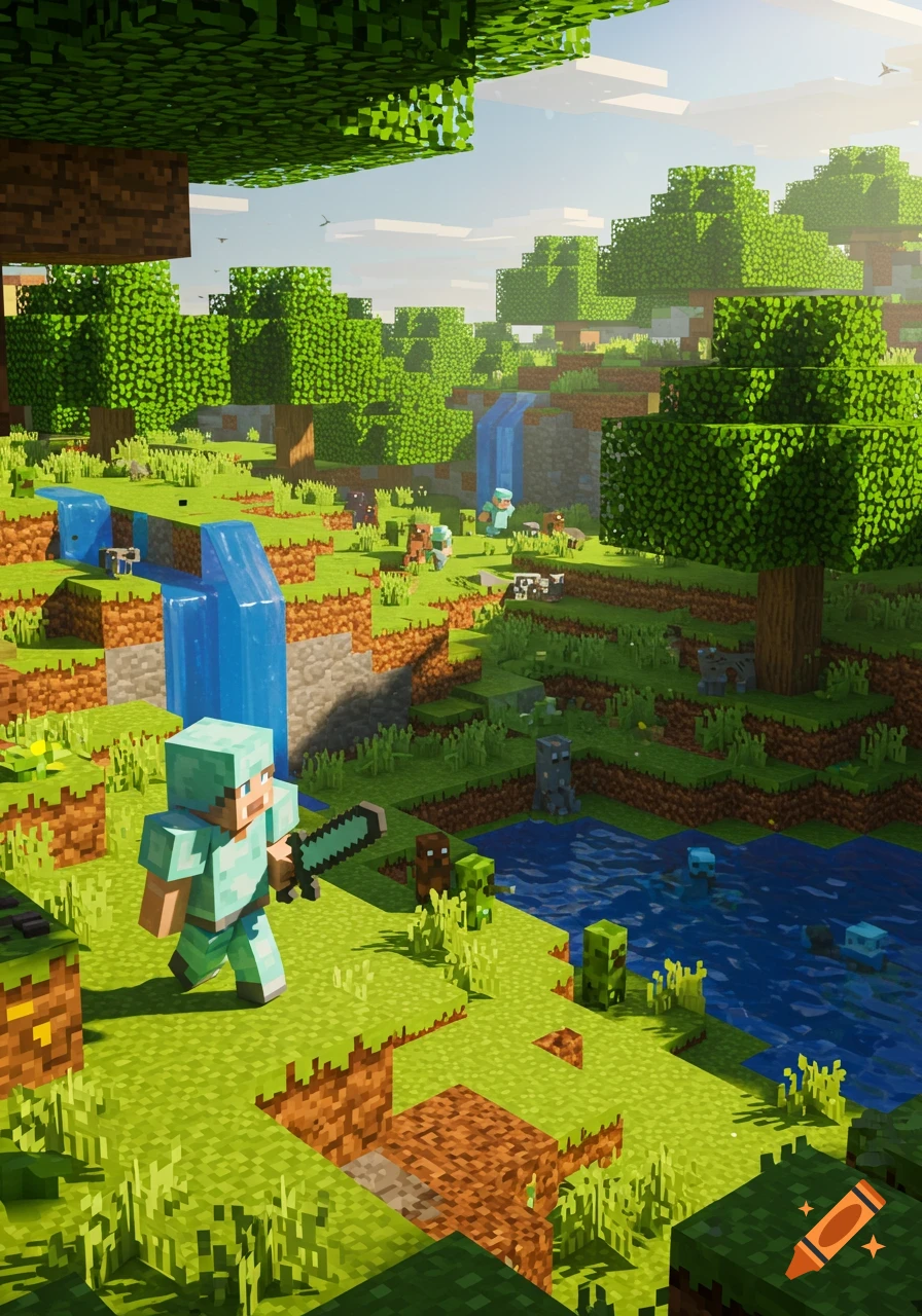 Vibrant Minecraft landscape with a diamond-armored player, animals, blocky trees, waterfalls, and a river.