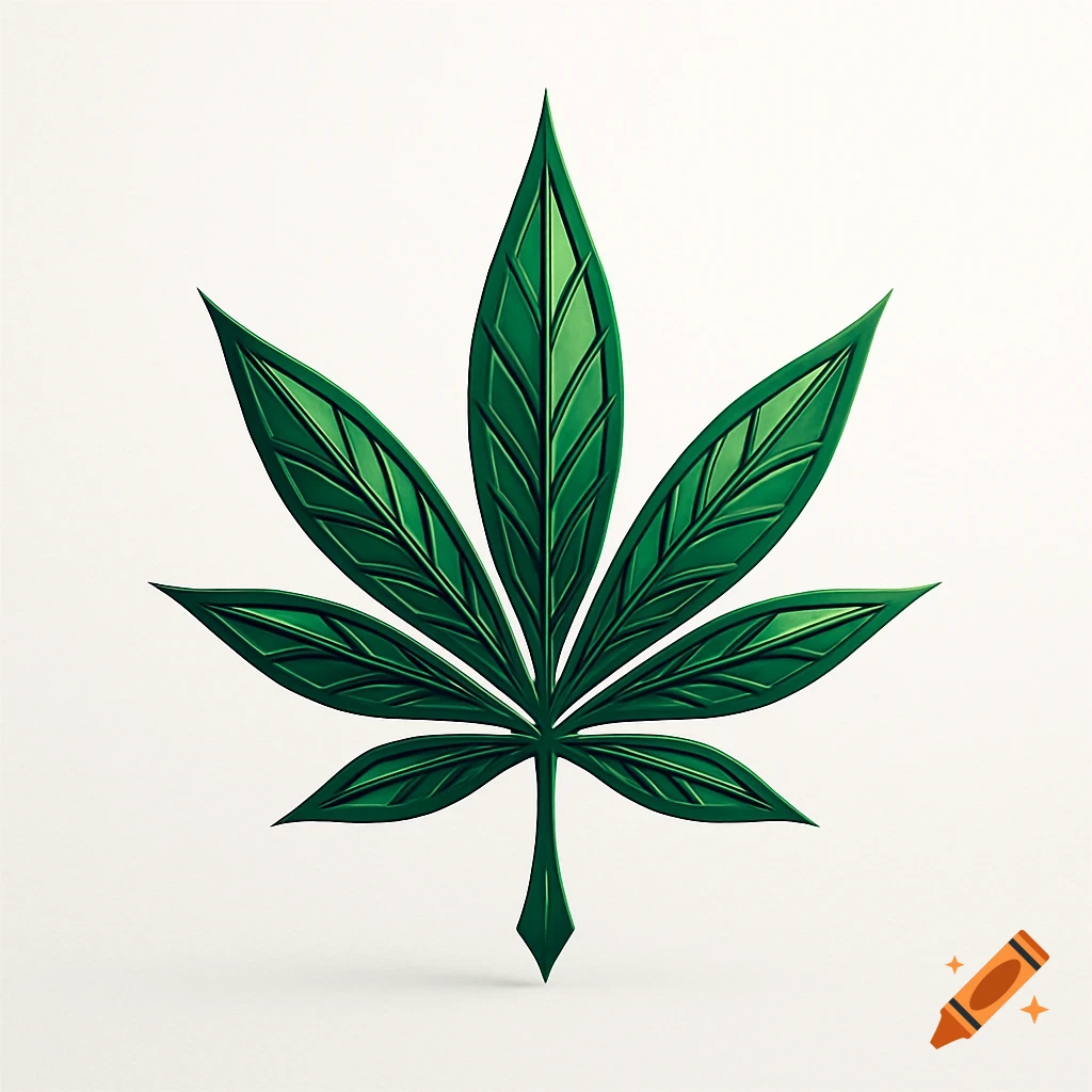A stylized green cannabis leaf with detailed veins, set against a white background.