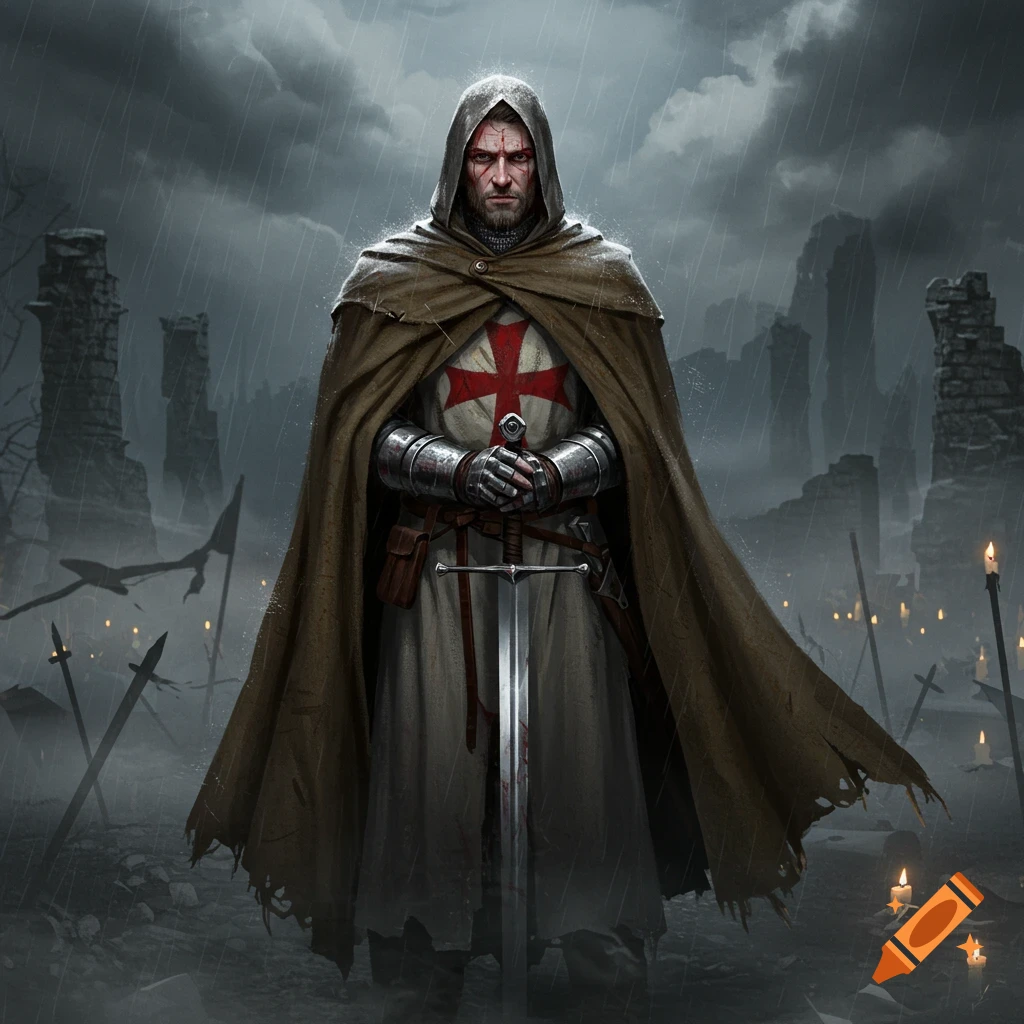 A stoic Templar knight in a brown cloak and armor, holding a sword in the rain amidst ruined structures and candles.