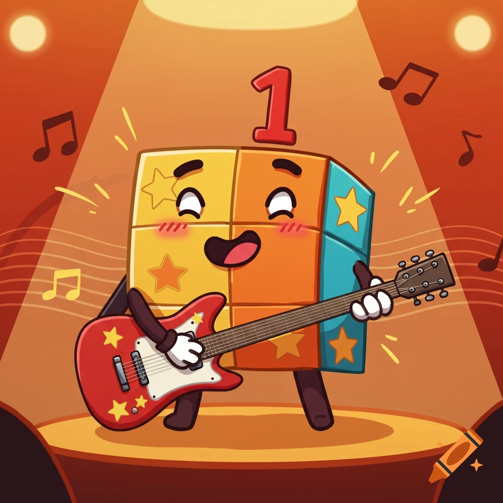 Cartoon Numberblock 1, a colorful block character with a number 1 on its head, playing a red electric guitar on stage.