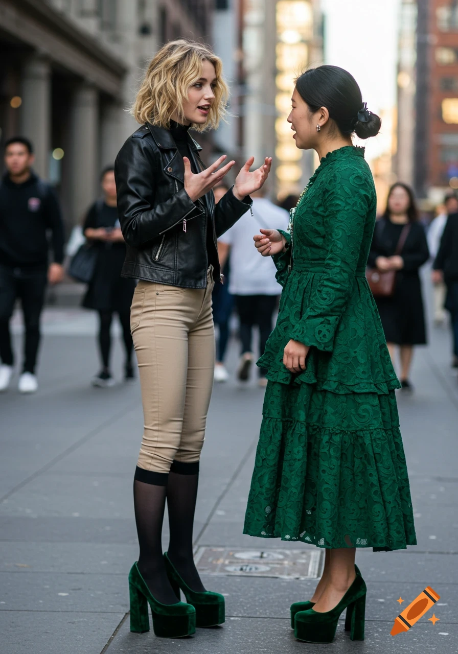 Two women in stylish outfits, one in a black leather jacket and beige pants, the other in a green lace dress, talking on a city street.