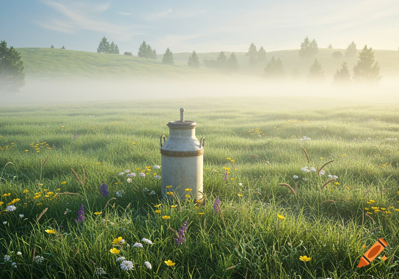 A photorealistic milk can stands in a misty, sunlit field filled with green grass and wildflowers.